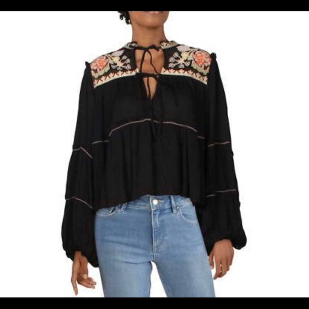 Free People Womens Black Embroidered Bishop Sleeves Blouse Shirt S BHFO 8699